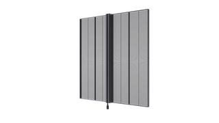 Leicht nach rechts geneigt wird ein halbtransparentes LED-Modul der Serie UVF dargestellt. Die Transparenz des LED-Netz wird durch die Wiedergabe des Hintergrunds sichtbar.