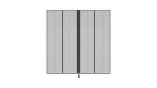 Auf weißem Hintergrund wird ein LED-Modul der UVF-Serie dargestellt. Das schwarze Maschmodell ist Halbtransparent dank der Freiräume zwischen den horizontalen LED-Verbindungen. Die Vier vertikalen Stäbe verbinden die LEDs und halten das Netz zusammen-